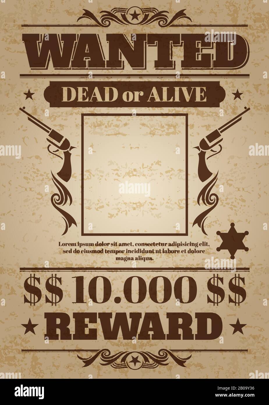 Vintage wanted western poster with blank space for criminal photo. Vector mockup wanted banner with frame photo, wanted retro message illustration Stock Vector