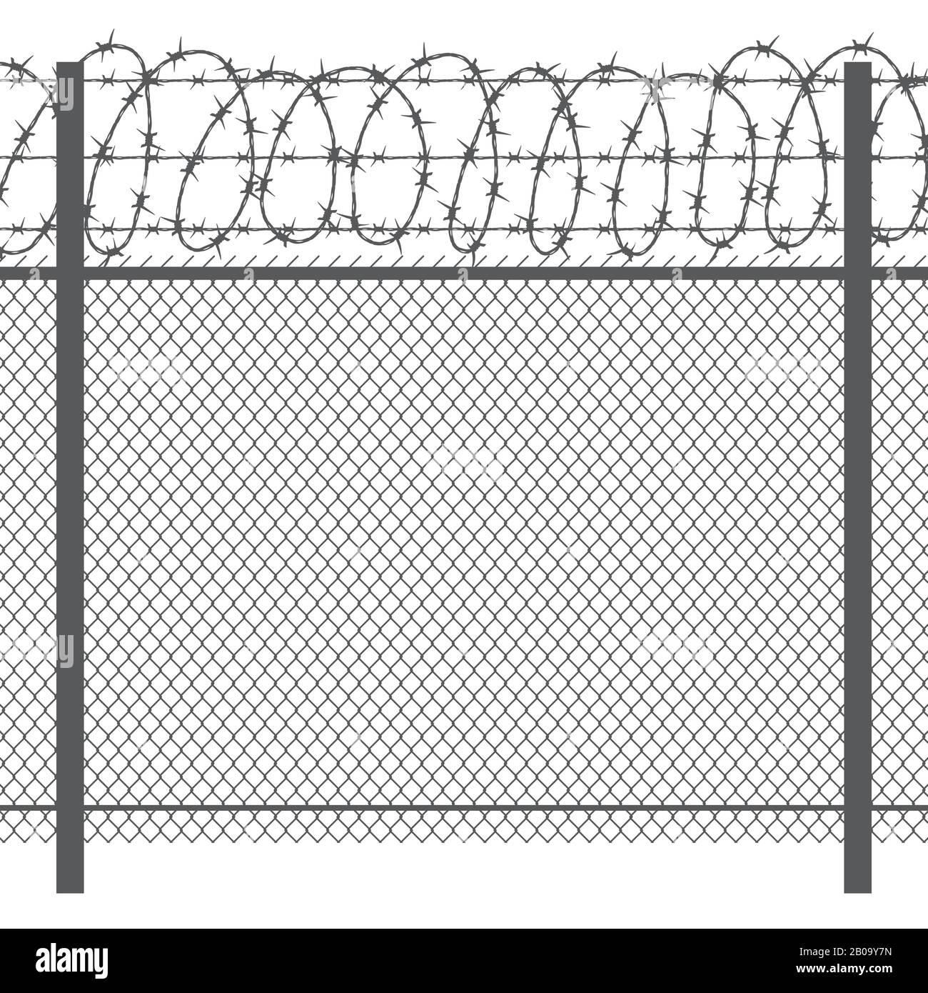 Prison privacy metal fence with barbed wire vector seamless black silhouette. Fence for prison security, illustration of wire fence for jai Stock Vector