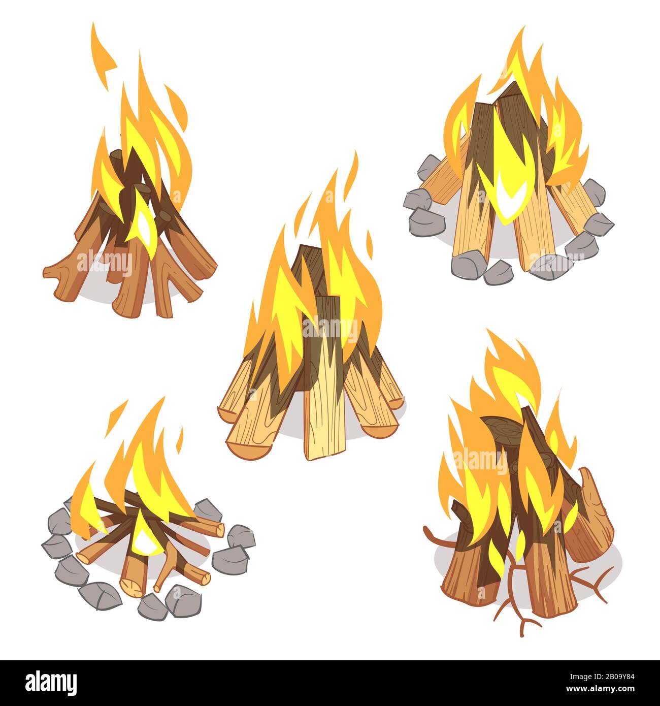 Campfire, outdoor bonfire with burned logs cartoon vector set. Wood burn light, illustration of warm bonfire with wood Stock Vector