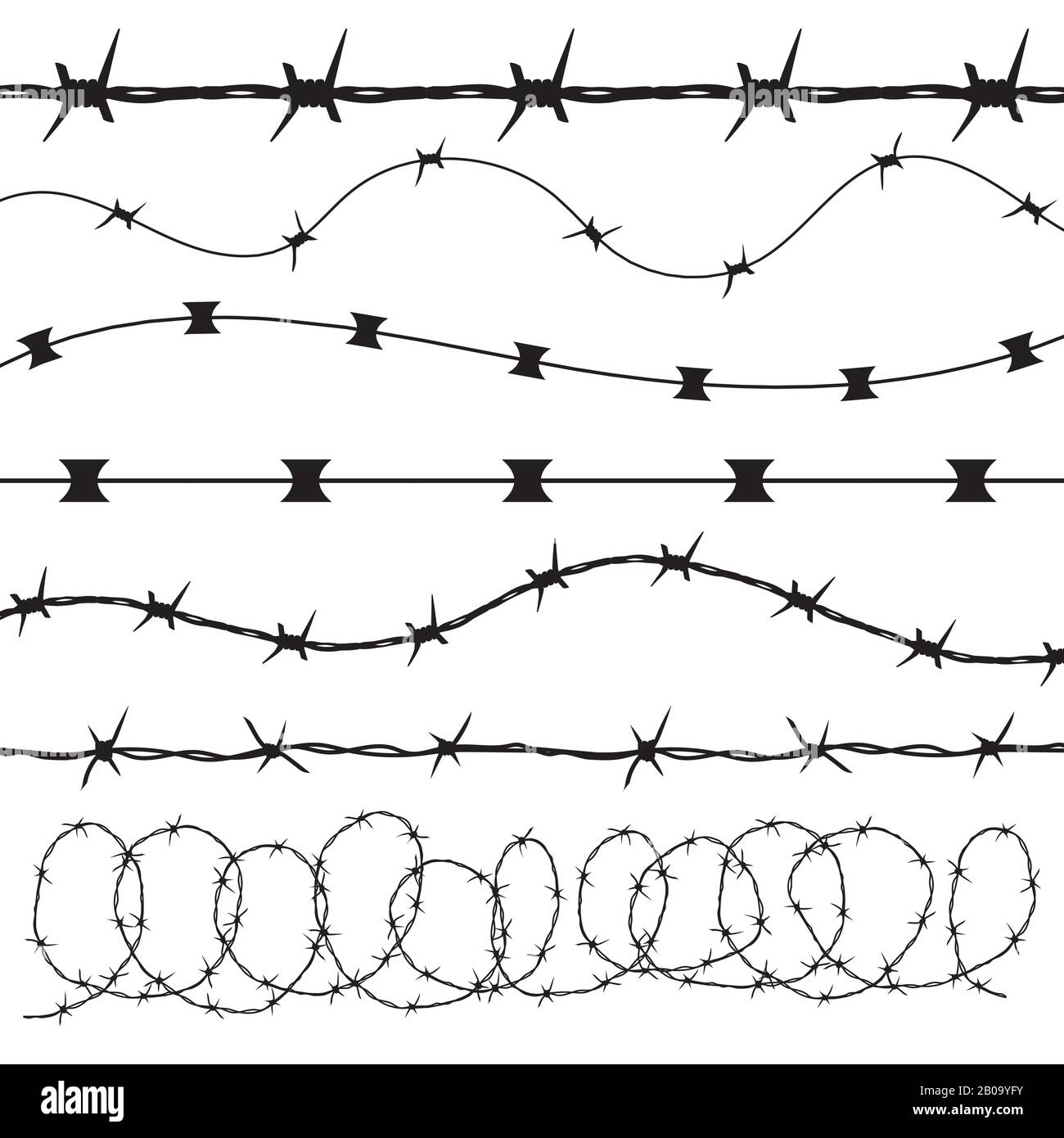 Barbed wire black silhouettes vector frame borders. Barrier barbwire for prison, illustration of collection border prison Stock Vector