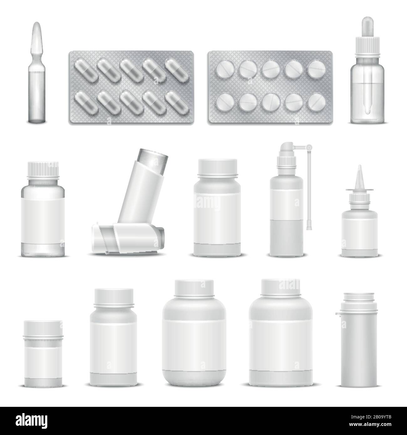 White blank medicine pharmaceutical packaging vector mockups. Bottles