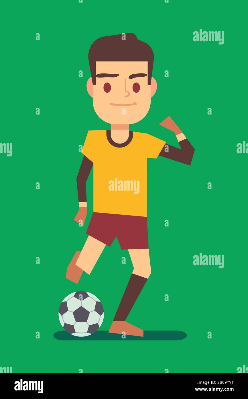 Soccer player kicking ball on green field vector illustration. Football player with ball Stock Vector