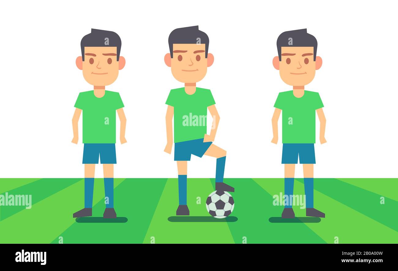 Three soccer players on green field vector illustration. Sport team player Stock Vector