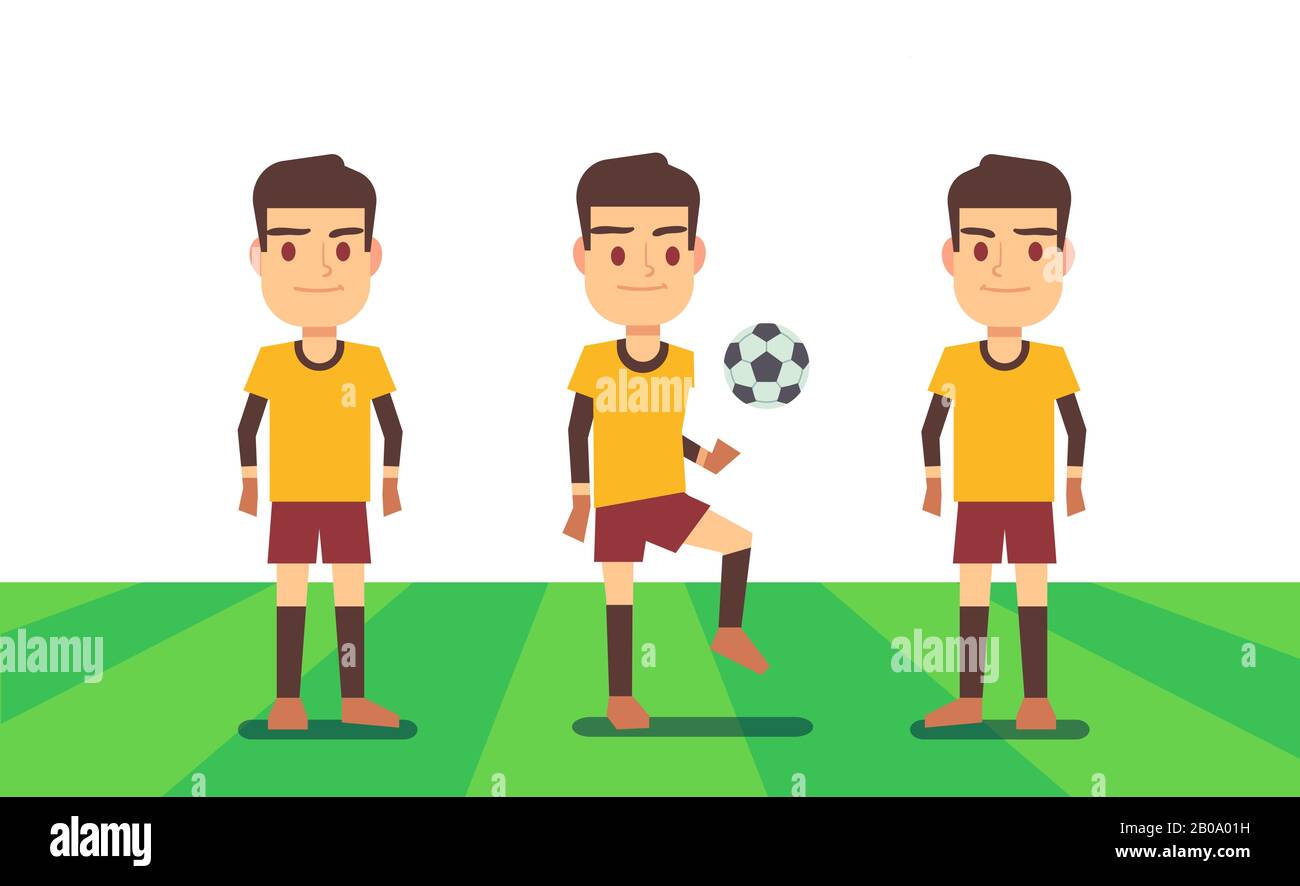 Three soccer players on green field vector illustration. Football team