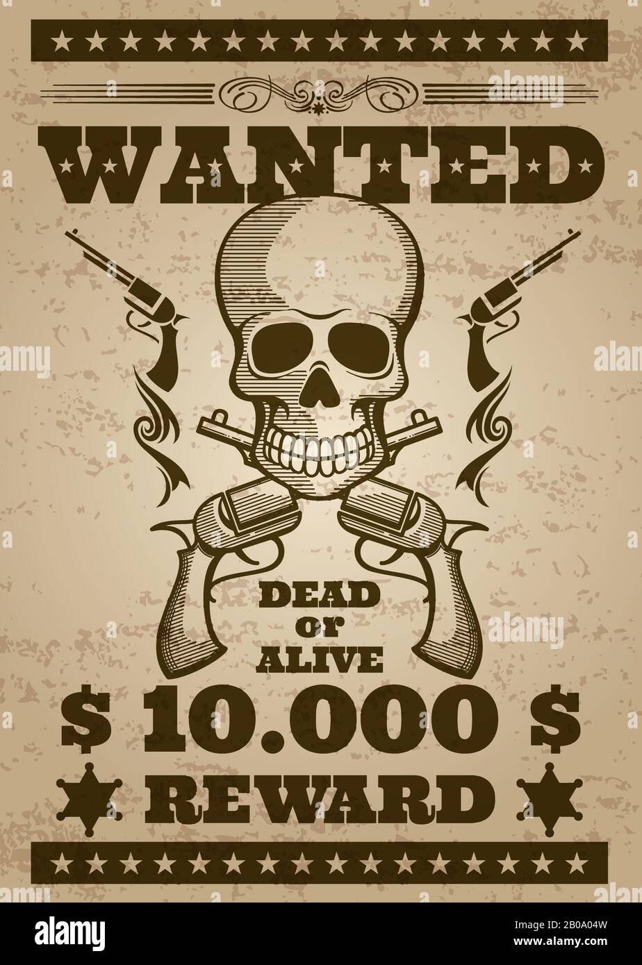 Retro wanted vector poster in wild west thematic. Banner wanted with human skull, illustration of wanted alive or dead for reward Stock Vector