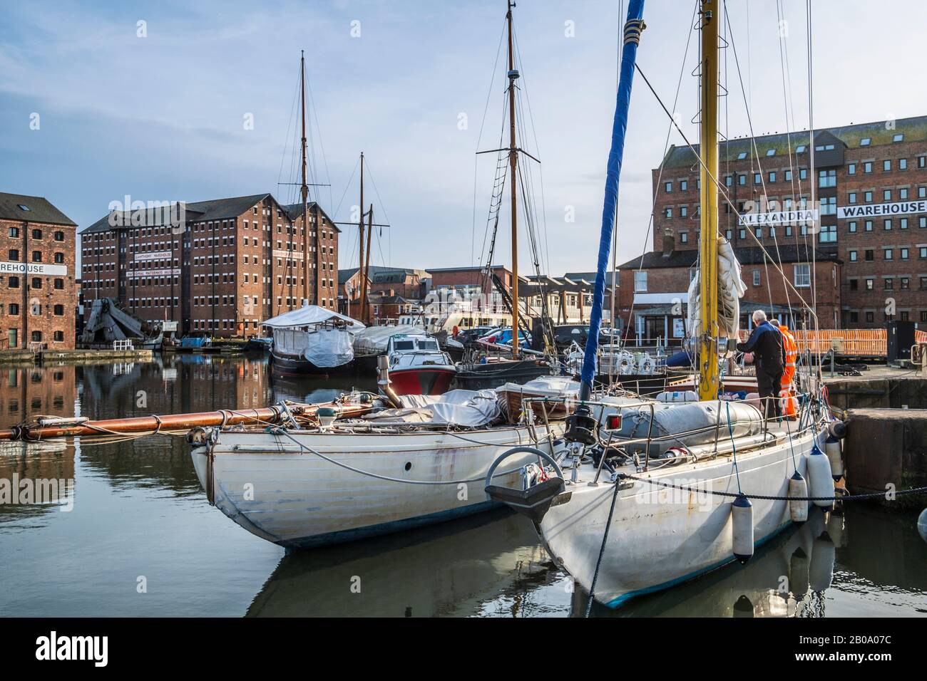 Ship repair yard at Gloucester docks with Ex Americas Cup Yacht Sceptre in the foregraound. Stock Photo