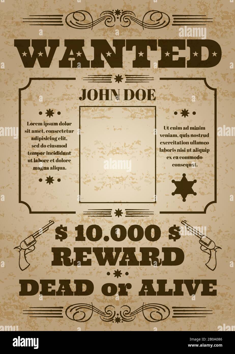 Wanted dead or alive western old vintage vector poster with distressed texture. Wanted banner grunge, reward money and template wanted poster illustration Stock Vector