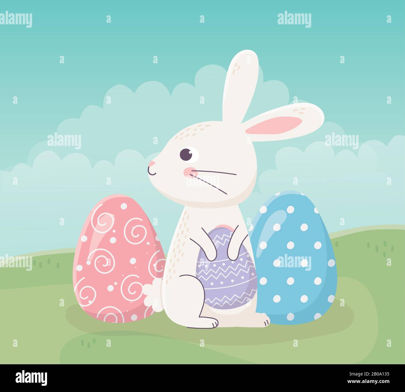 happy easter sitting rabbit with eggs on grass celebration vector illustration Stock Vector