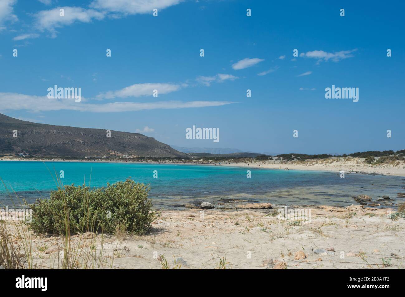 Beautiful beach with teal blue waters shot at Elafonhsos Island, Greece. Stock Photo