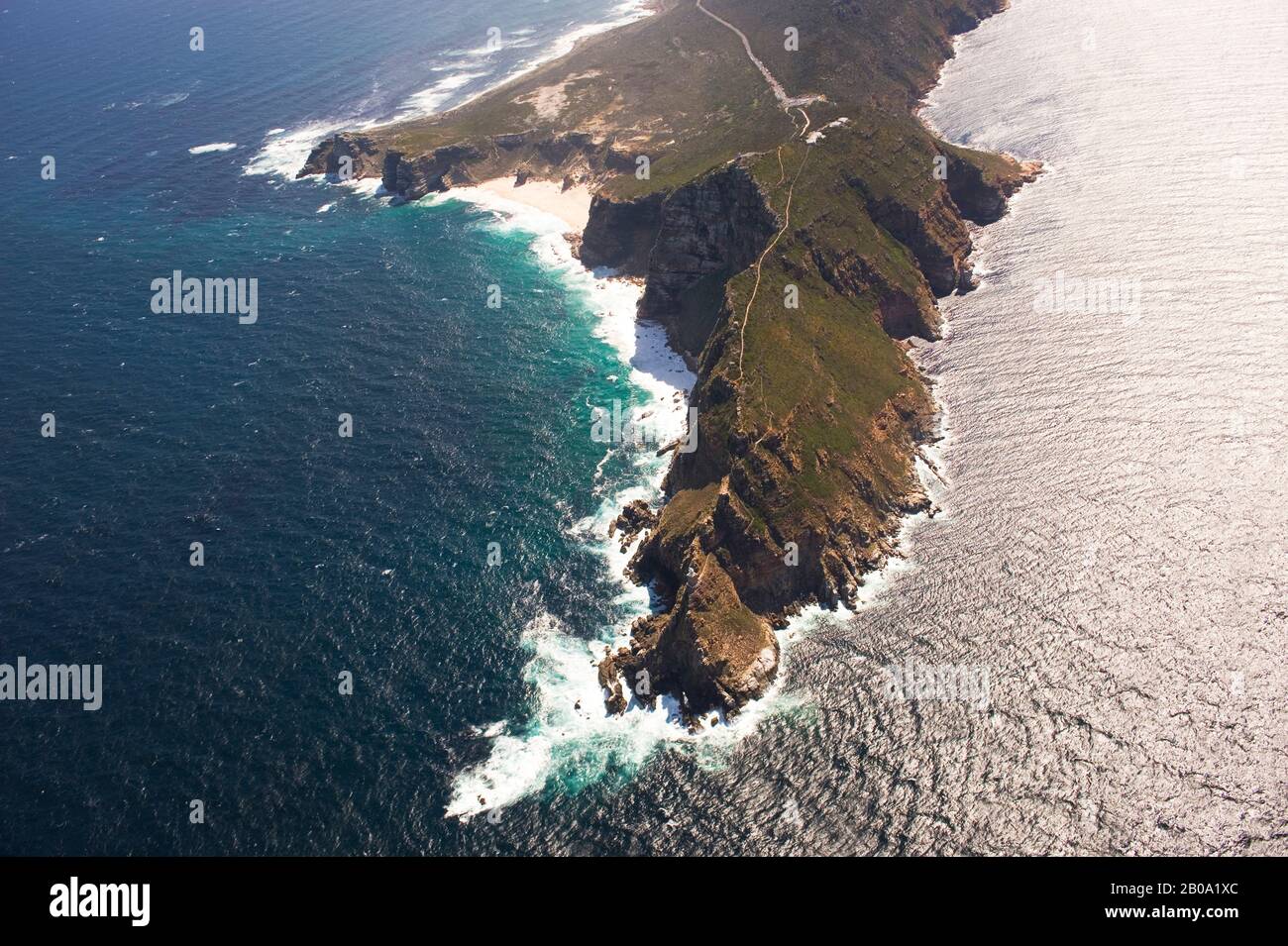SOUTH AFRICA, NEAR CAPE TOWN, TABLE MOUNTAIN NATIONAL PARK,  AERIAL VIEW OF CAPE POINT (FRONT) AND CAPE OF GOOD HOPE ON LEFT Stock Photo
