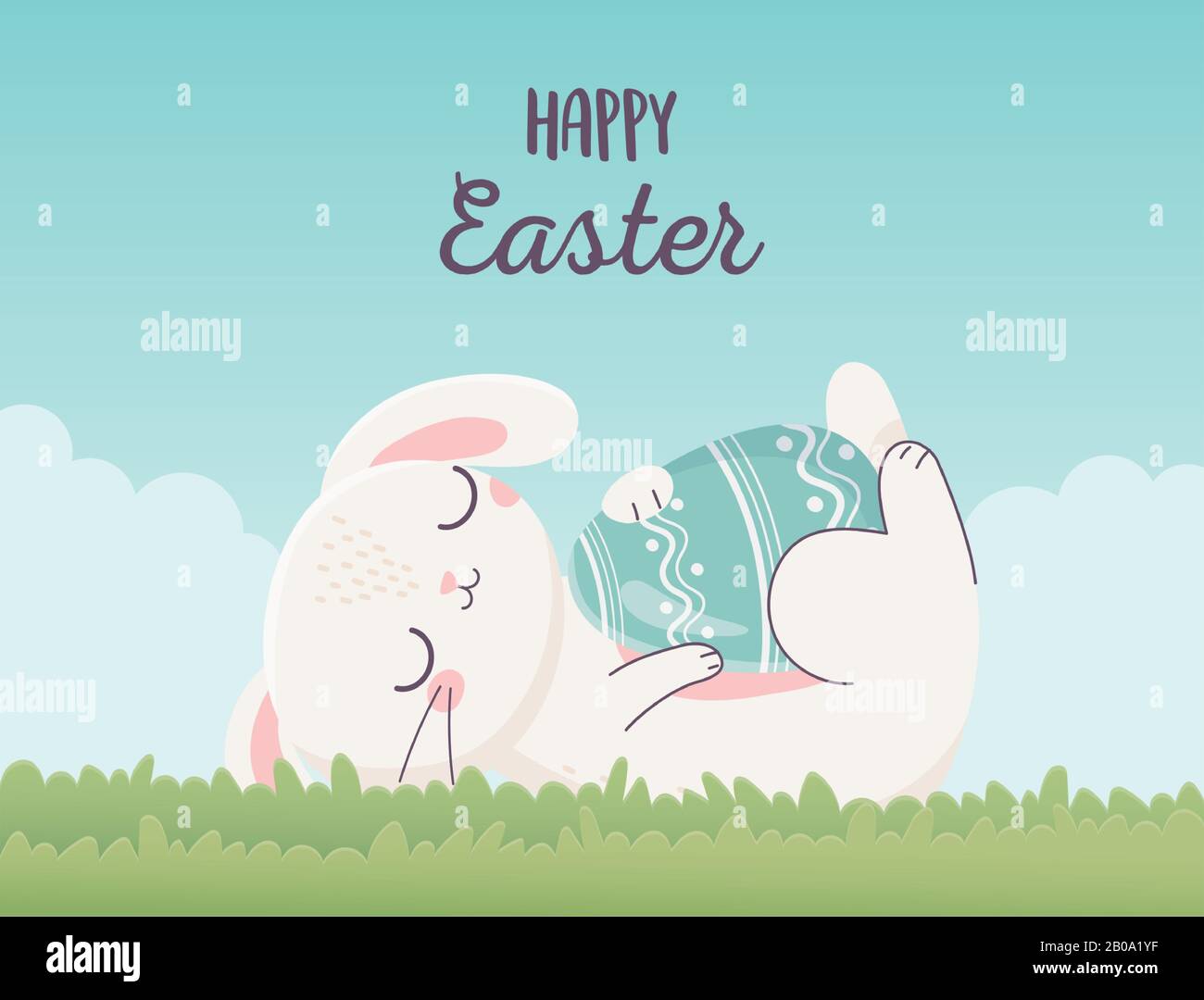 Happy Easter Sleeping Rabbit With Egg On Grass Vector Illustration