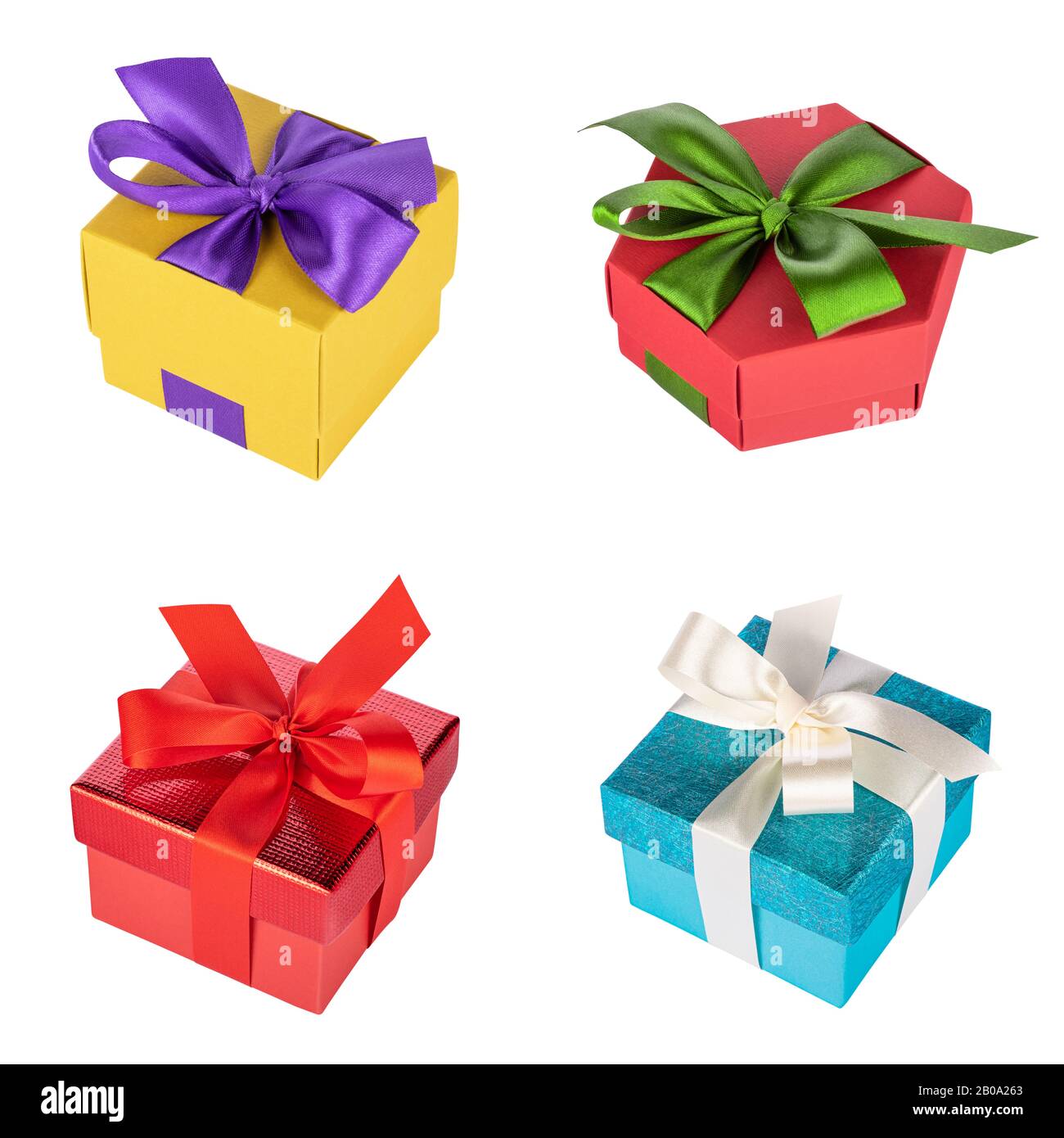 Set of multicolored gift boxes isolated on white background Stock Photo