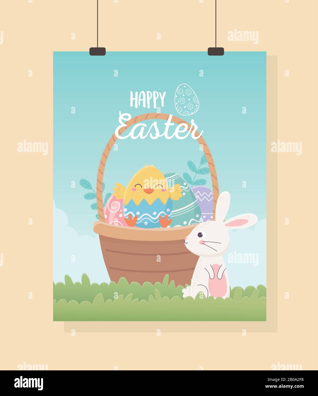 happy easter hanging card cute rabbit with basket filled eggs vector illustration Stock Vector