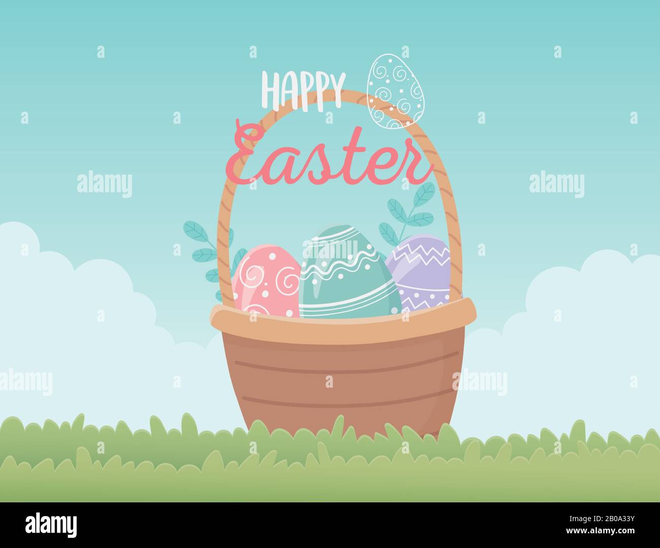 happy easter basket with eggs decoration in grass vector illustration ...