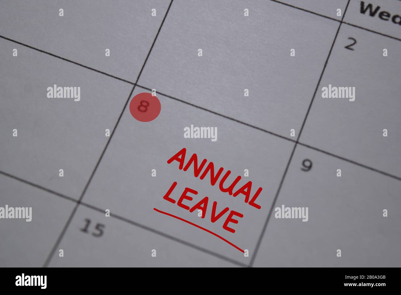 Annual Leave write on calendar. Date 8. Reminder or Schedule Concepts Stock Photo