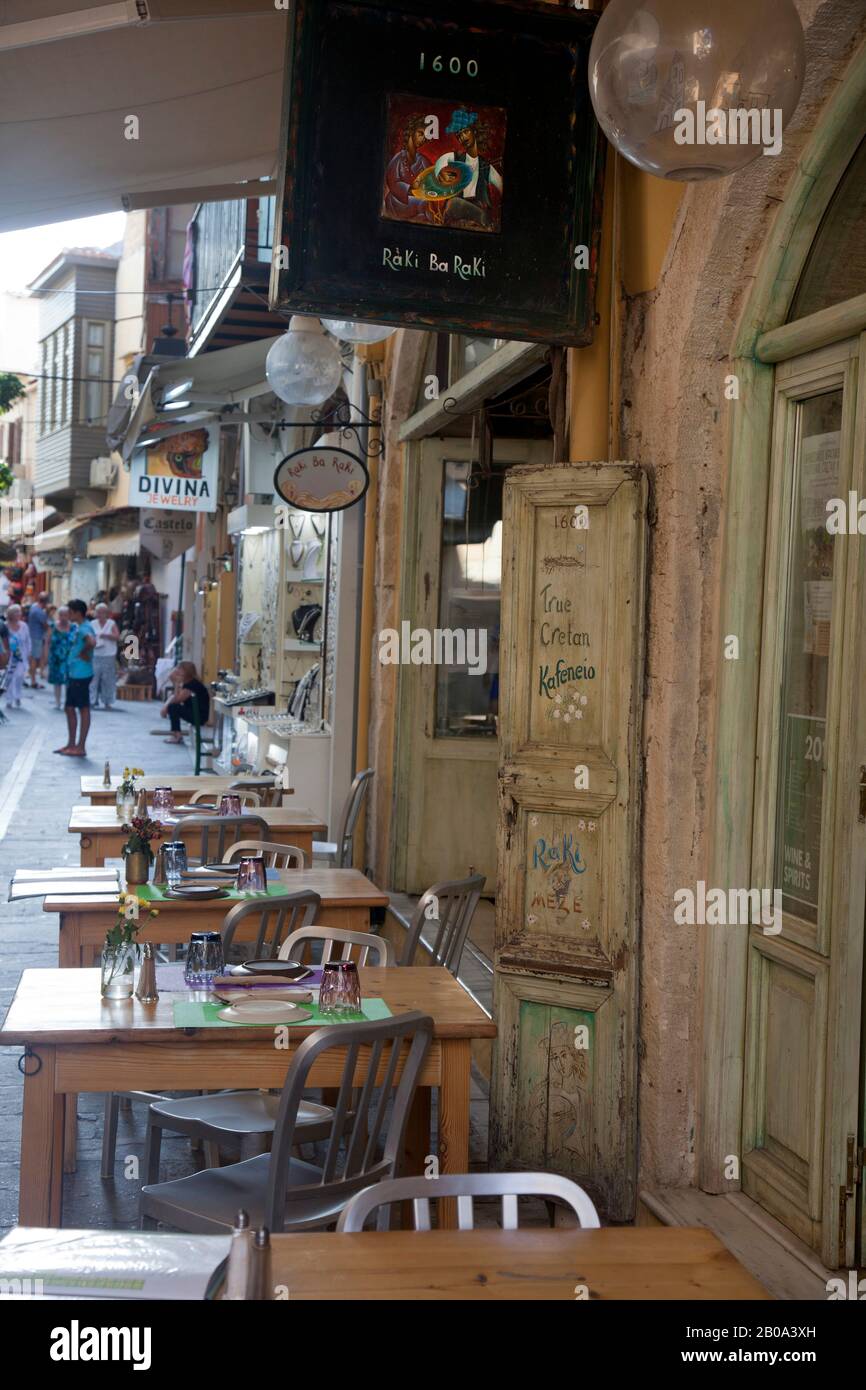 A cafe / bar in the old town of Rethymno ( Rethimno ). The city is located on the north coast of Crete. August 2018 Stock Photo