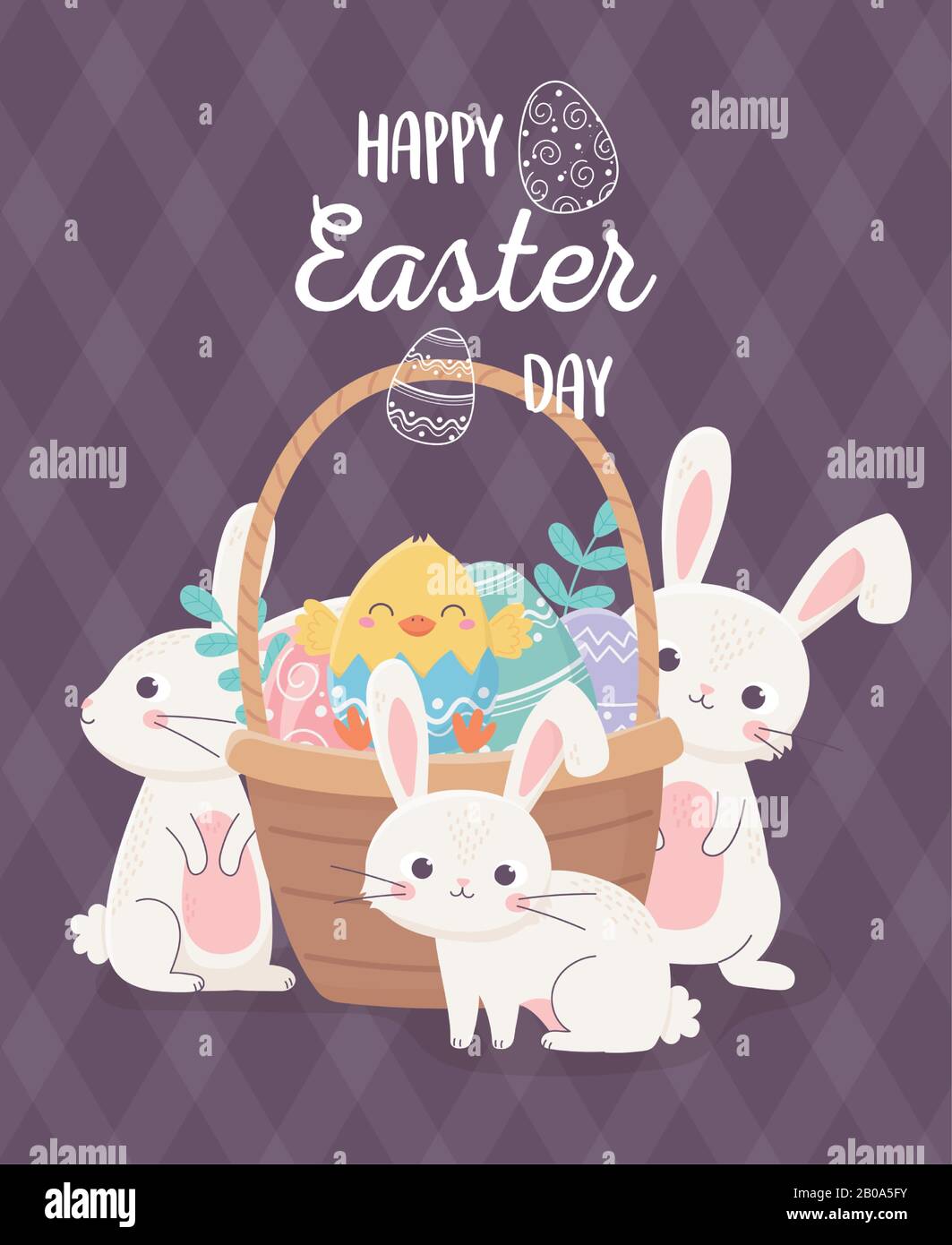 happy easter cute rabbits chicken in basket with eggs celebration ...