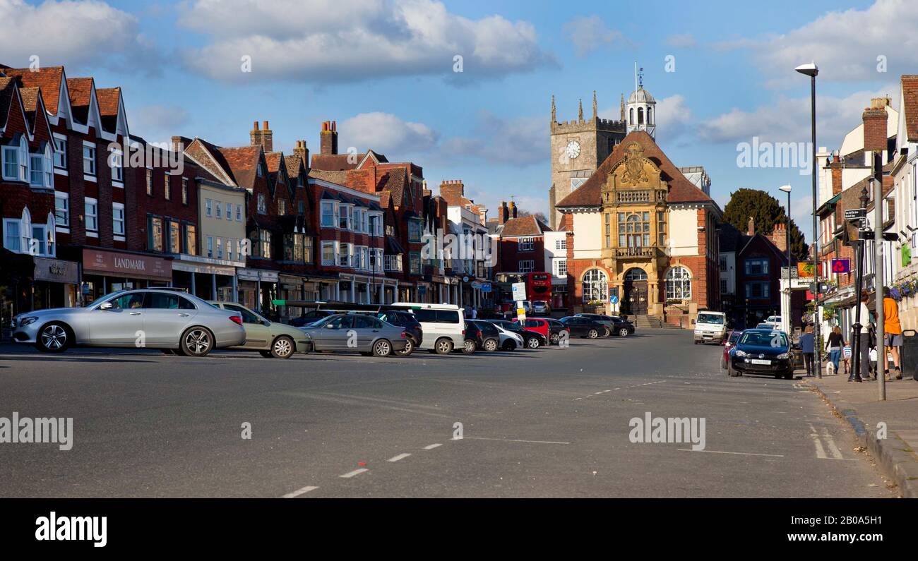 High Street Marlborough with old town hall ( centre ) and church, Wiltshire, England UK. Stock Photo