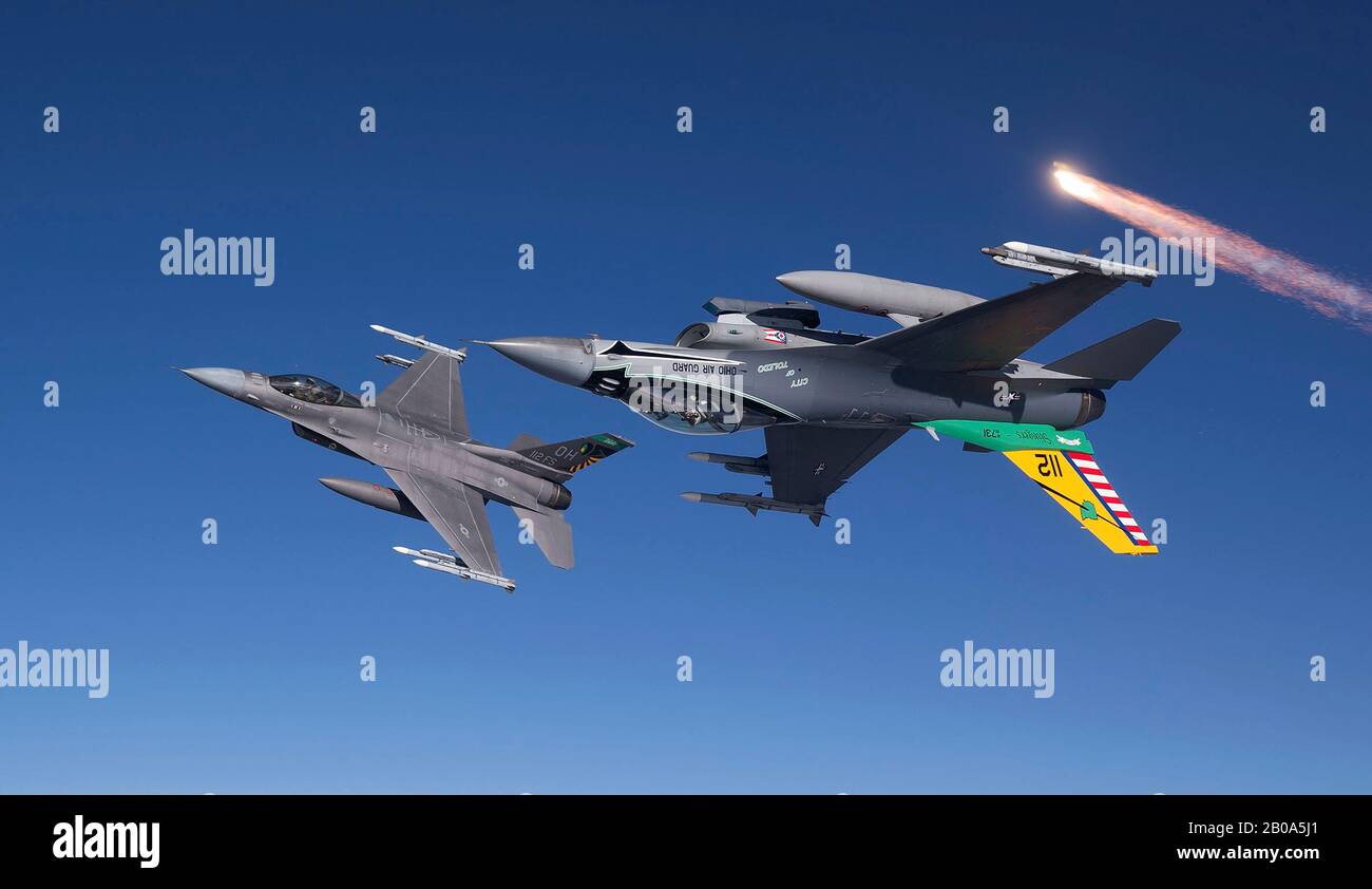 Two U.S. Air Force F16 Fighting Falcon fighter jets, assigned to the