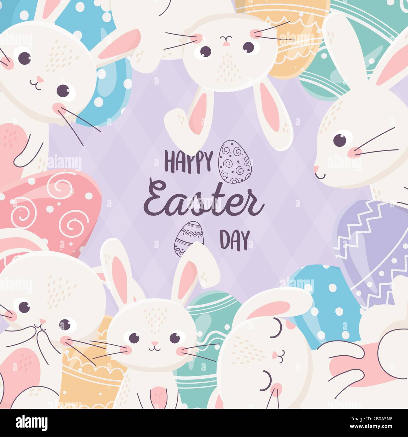 happy easter day lovely rabbits with cute eggs poster vector ...