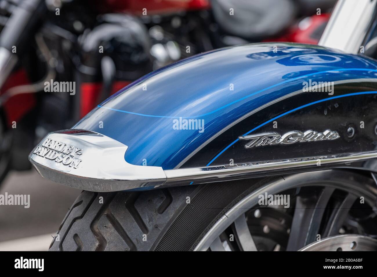 Close up of a Mud Guard of a Motorbike at Harley-Davidson Reading Berkshire England Stock Photo