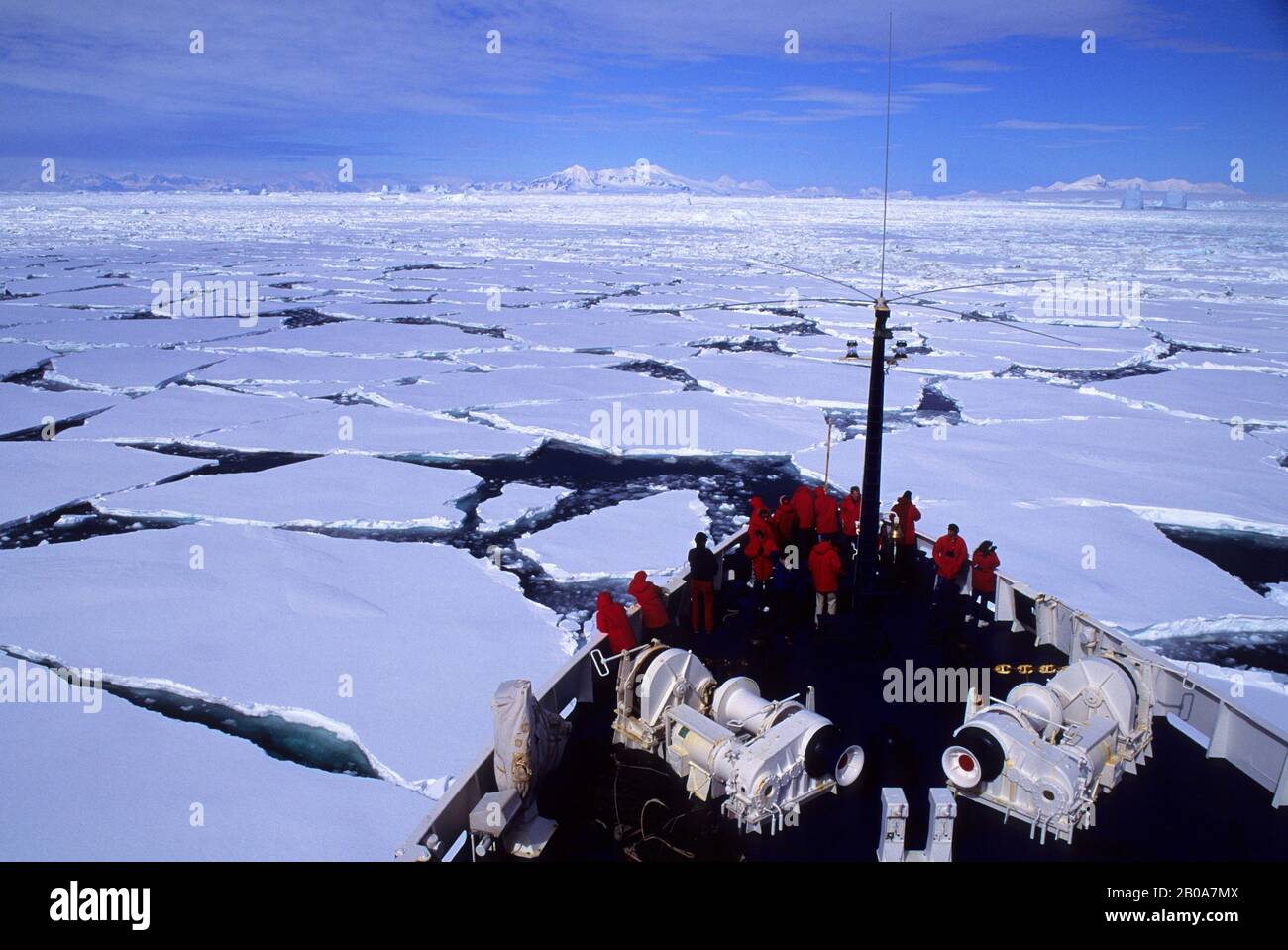 ANTARCTIC PENINSULA, NEAR ADELAIDE ISLAND, CRUISE SHIP MS WORLD DISCOVERER GOING THROUGH PACK ICE Stock Photo