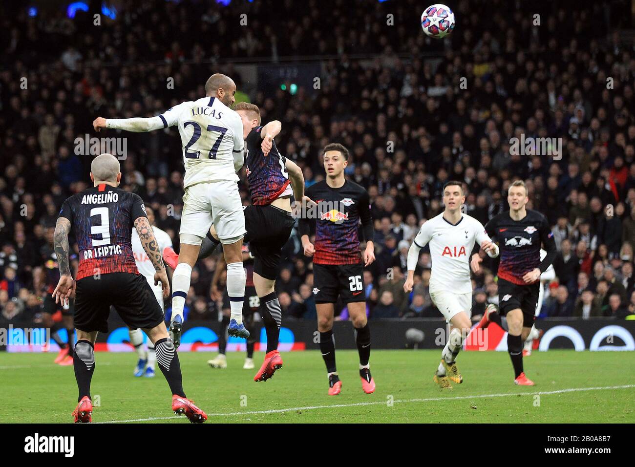 London, UK. 19th Feb, 2020. Lucas Moura of Tottenham Hotspur (27) heads a chance at goal. UEFA Champions league, round of 16, 1st leg match, Tottenham Hotspur v RB Leipzig at the Tottenham Hotspur Stadium in London on Wednesday 19th Feb 2020. Editorial use only, license required for commercial use. No use in betting, games or a single club/league/player publications . pic by Steffan Bowen/Andrew Orchard sports photography/Alamy Live news Credit: Andrew Orchard sports photography/Alamy Live News Stock Photo