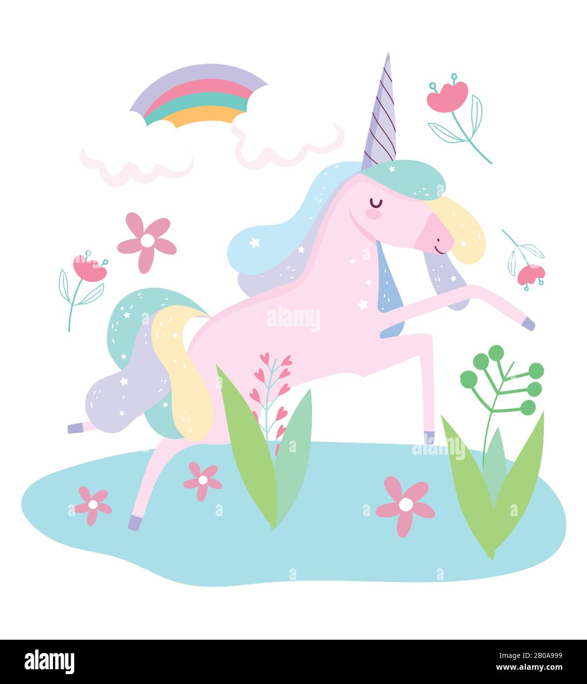 unicorn rainbow flowers foliage fantasy magic cute cartoon vector ...