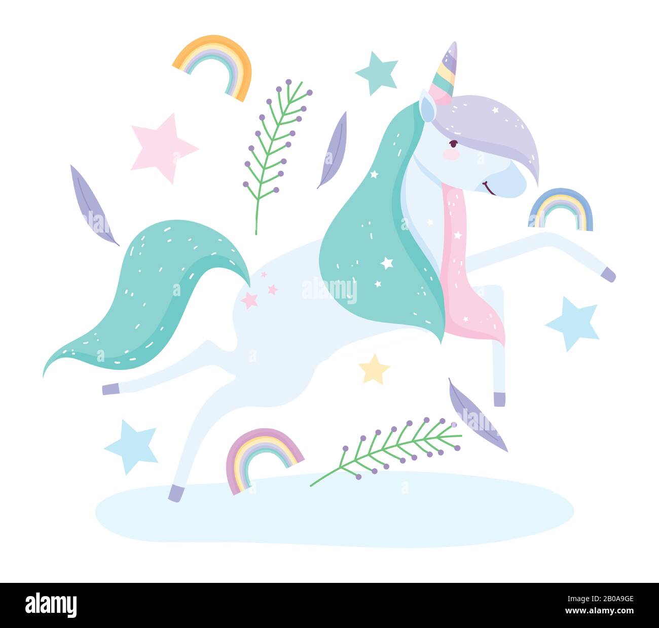 unicorn flower rainbow clouds leaves fantasy magic cute cartoon vector ...