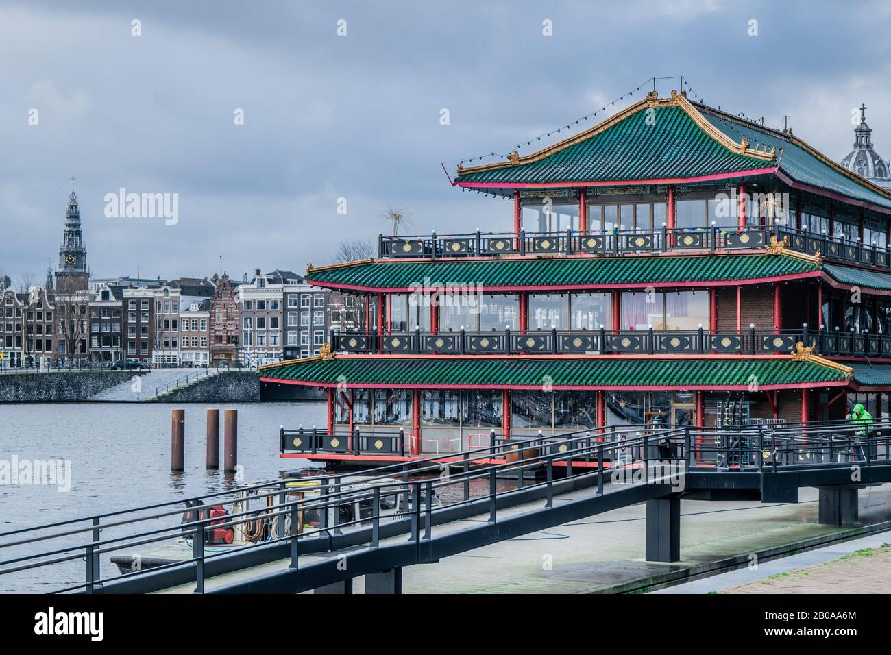 AMSTERDAM, NETHERLANDS - FEBRUARY 2020: Amsterdam excellent Sea Palace Restaurant (1984) - 3-story floating pagoda-style restaurant on Lake IJ. Sea Pa Stock Photo