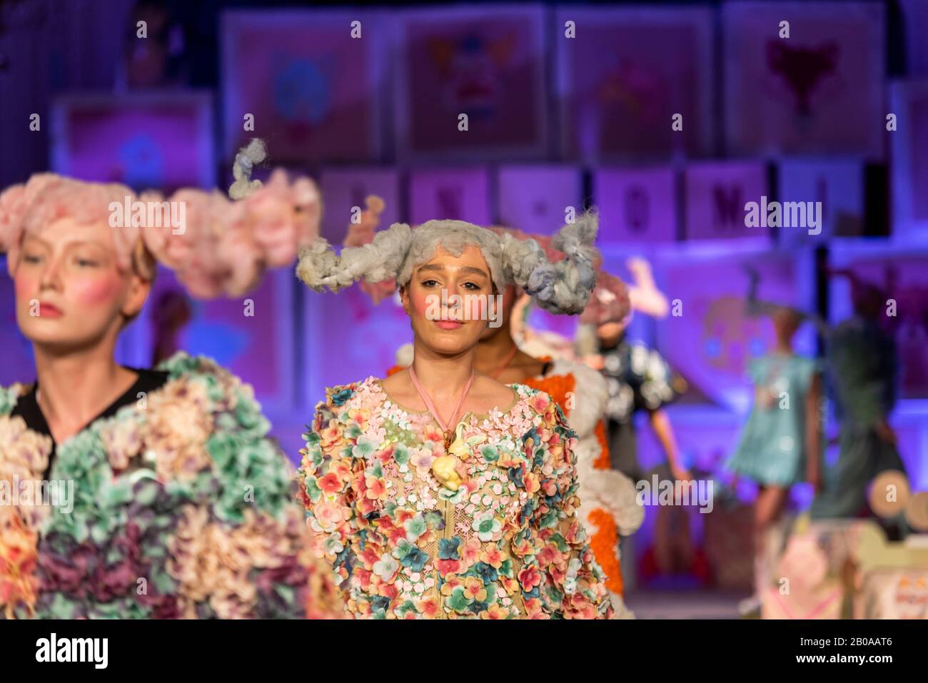 Vin and Omi London Fashion Week Resist AW20 show. Eco friendly clothing designed from recycled fabric and weeds from Highgrove estate. Models Stock Photo