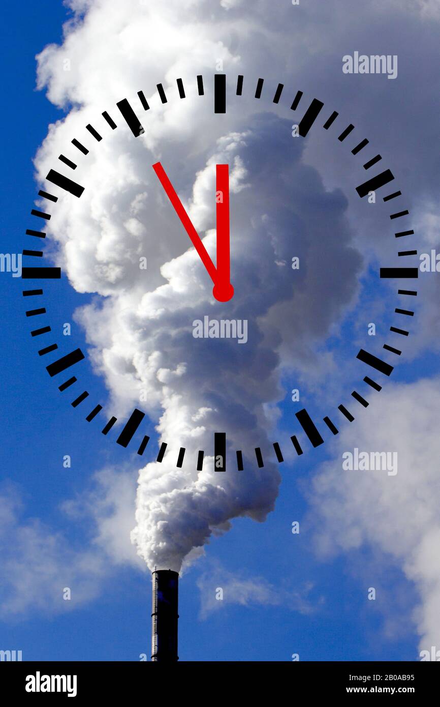 smoking stack, clock displaying 5 for 12, climate change, composing, Germany, North Rhine-Westphalia Stock Photo
