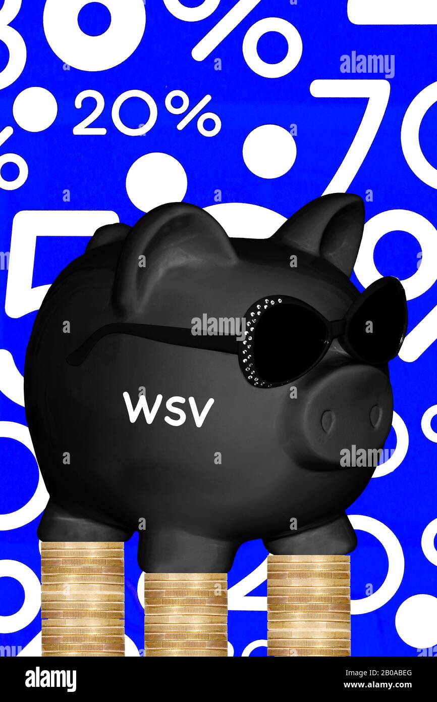 black piggy bank with sunglasses and lettering WSV, special offers and coin stacks in background, composing Stock Photo