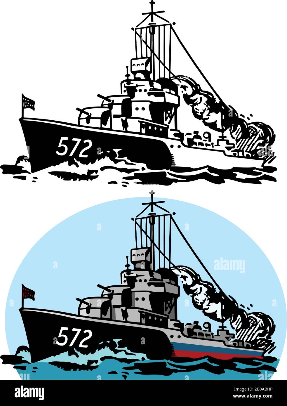 A drawing of the American World War II naval destroyer the USS Dyson DD-572 Stock Vector