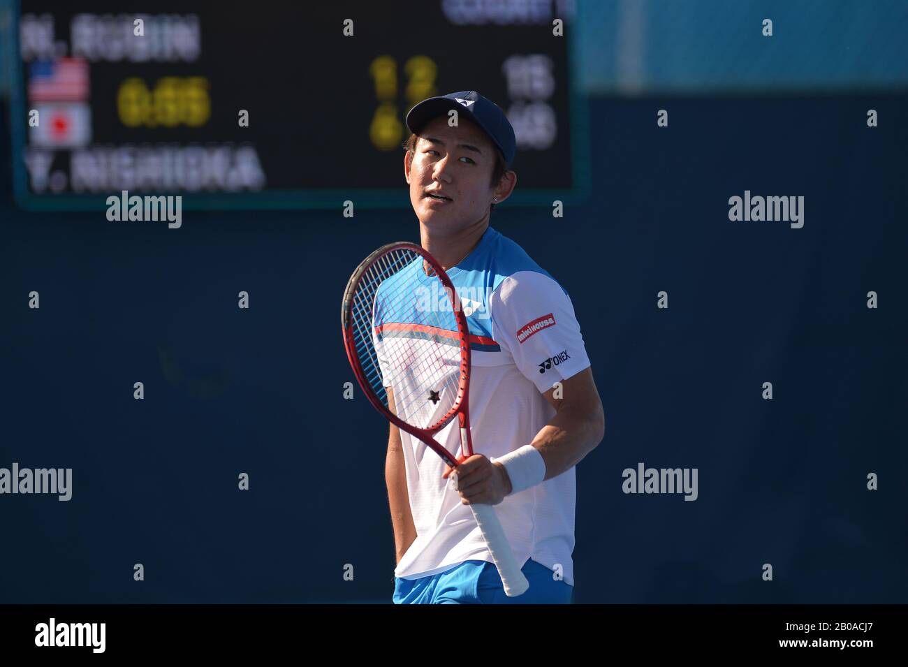 February 19, 2020, Delray Beach, Florida, United States: FEBRUARY 19 - Delray Beach: Yoshihito Nishioka(JPN) celebrating here, defeats Noah Rubin(USA) during the second round at the 2020 Delray Beach Open by Vitacost.com in Delray Beach, Florida.(Photo credit: Andrew Patron/Zuma Press Newswire) (Credit Image: © Andrew Patron/ZUMA Wire) Stock Photo