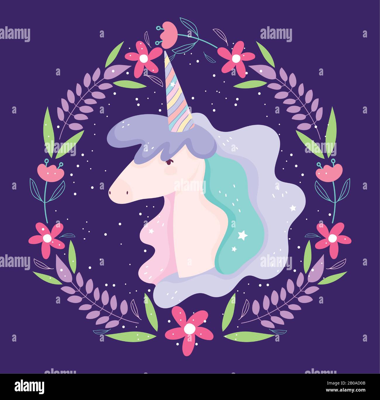 unicorn flowers wreath fantasy magic cute cartoon vector illustration ...