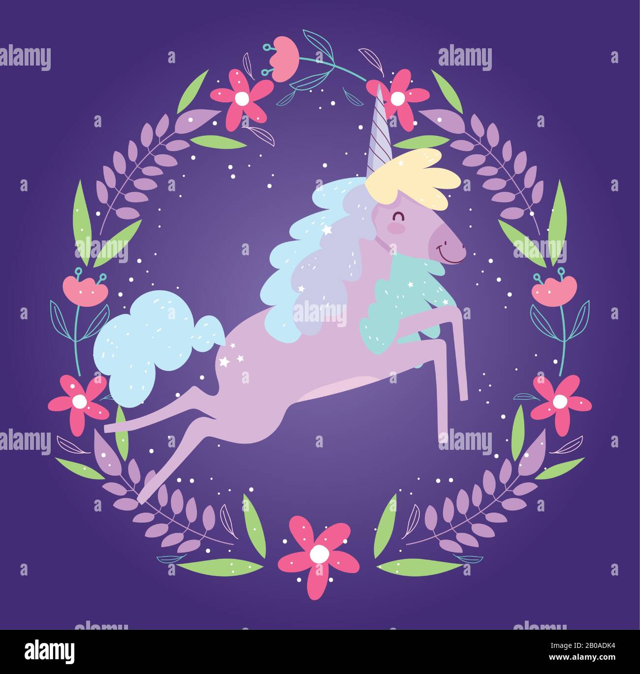 unicorn frame flowers fantasy magic cute cartoon vector illustration ...