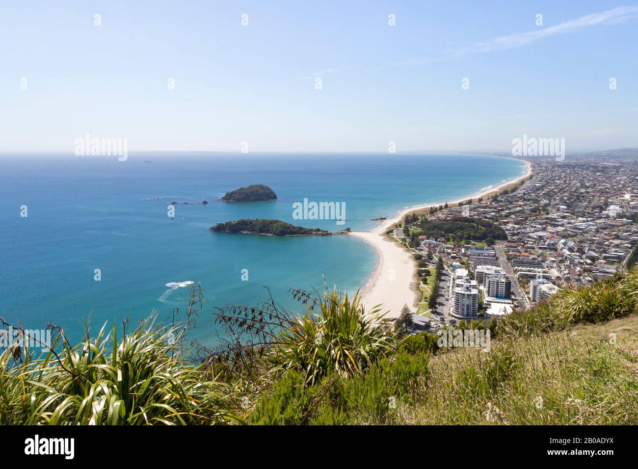 Tauranga's cityscape and beaches viewed from top of Mount Maunganui Stock Photo