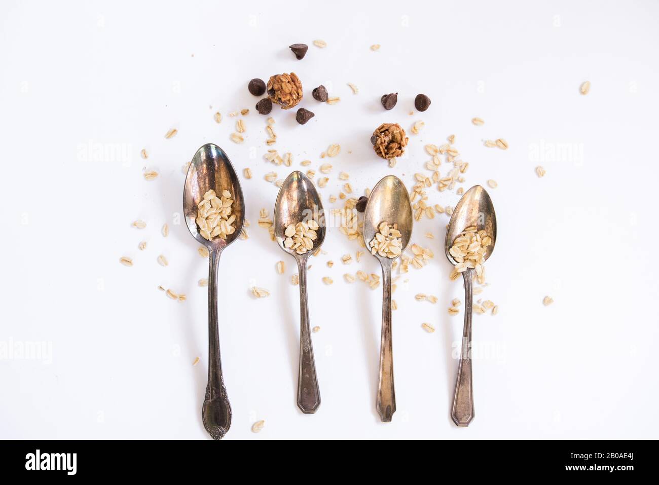 Flatlay with spoon full of grains Stock Photo