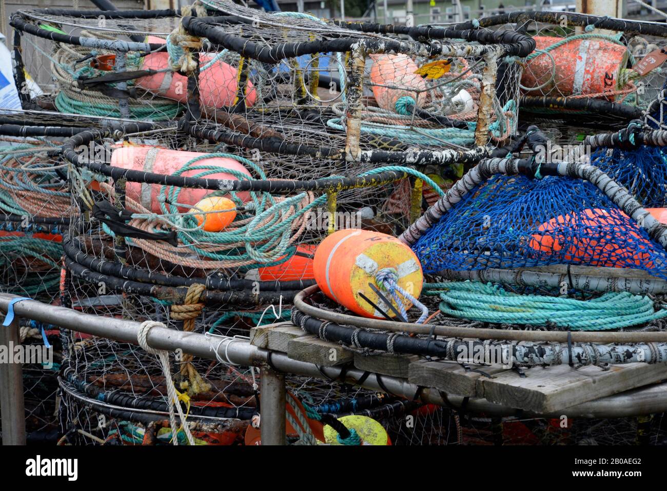 Crab pots on a boat in Port of Newport harbor, Yaquina Bay, Oregon