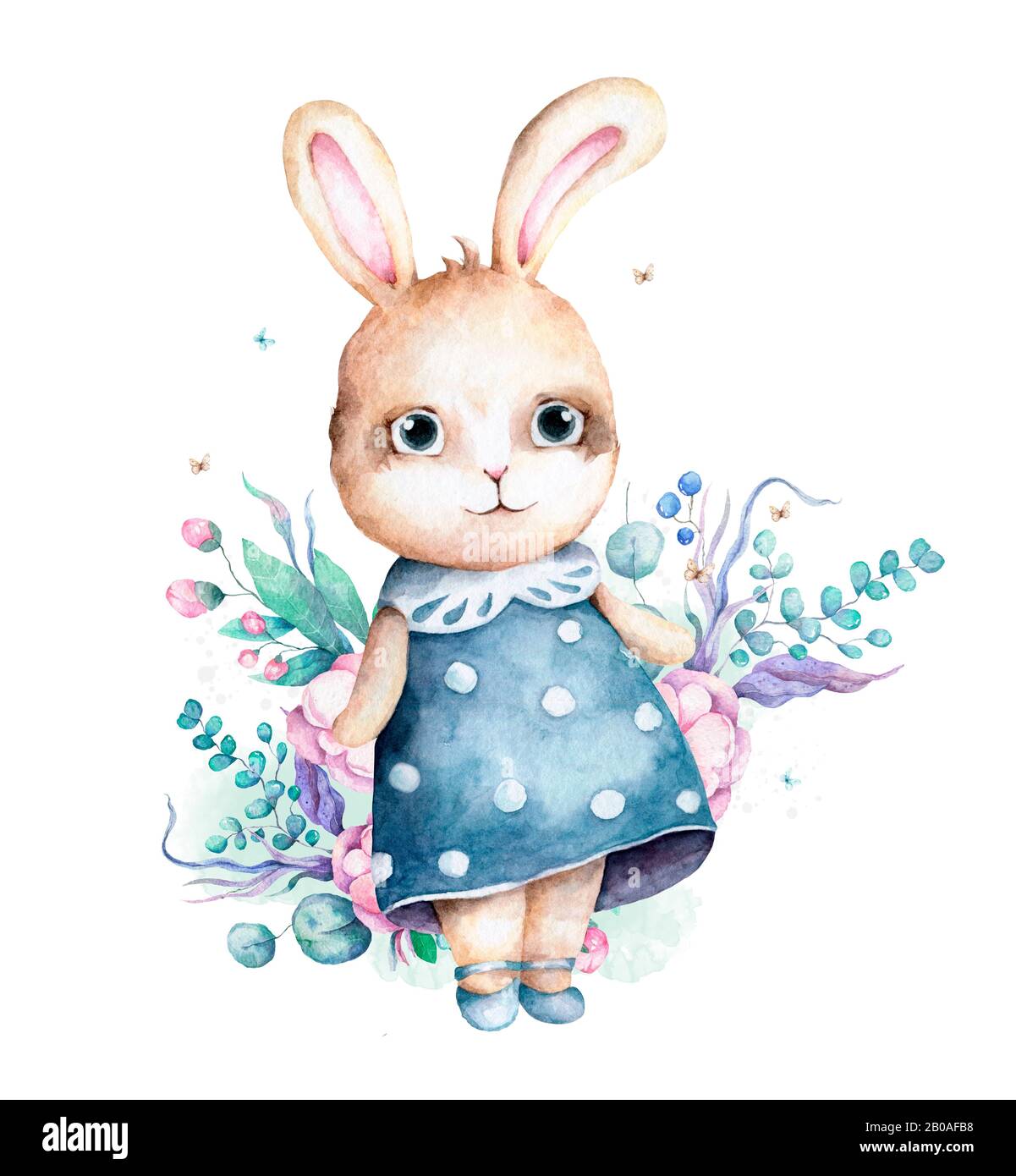 Hand drawn watercolor happy easter set with two bunnies with sheep and ...