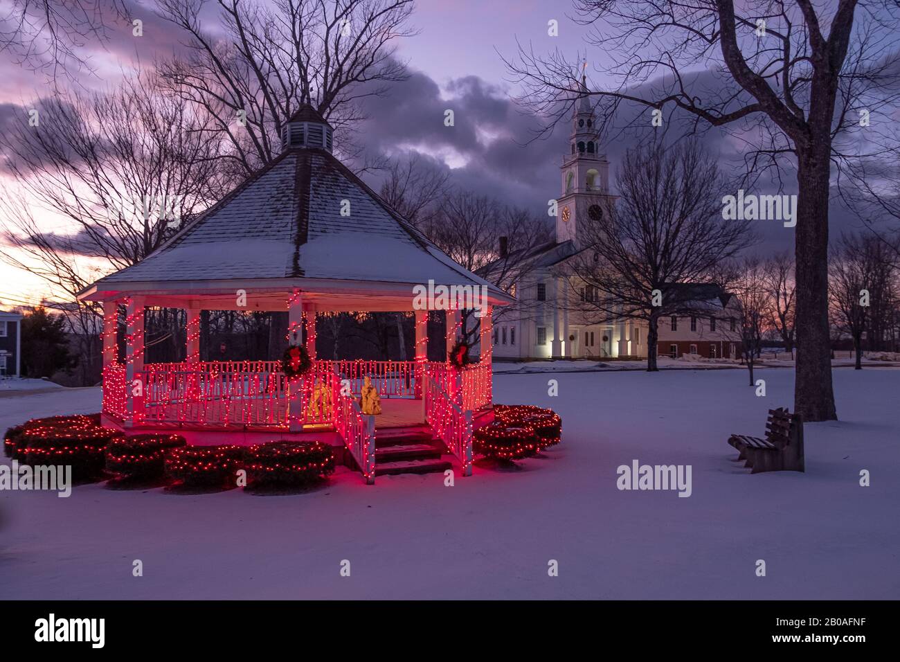 The bandstand on the Templeton Common is decorated for Christmas Stock Photo