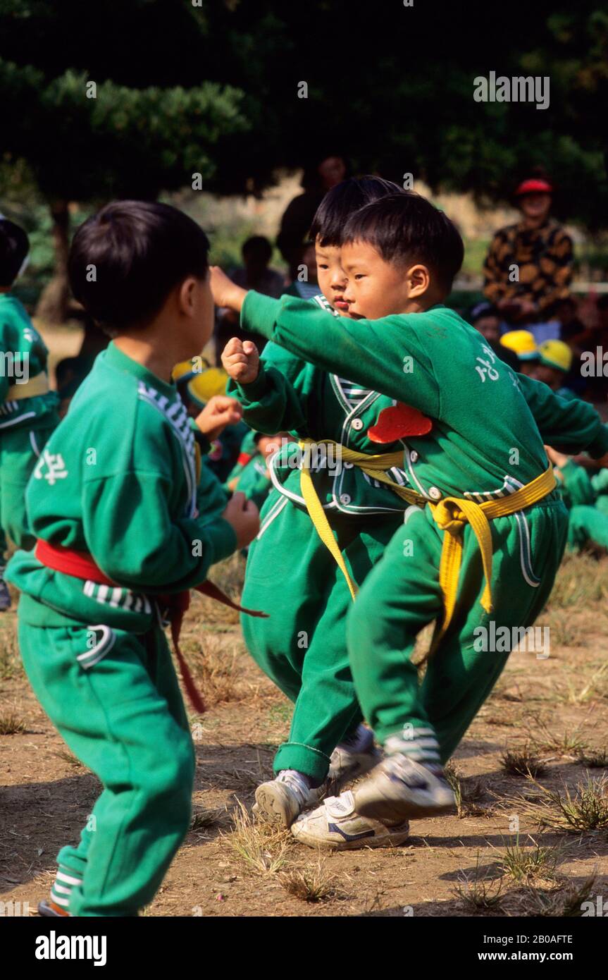 ASIA, KOREA, NEAR SEOUL, KOREAN FOLK VILLAGE, SCHOOL CHILDREN (7-YEAR OLDS), DOING TAE-KWON-DO Stock Photo