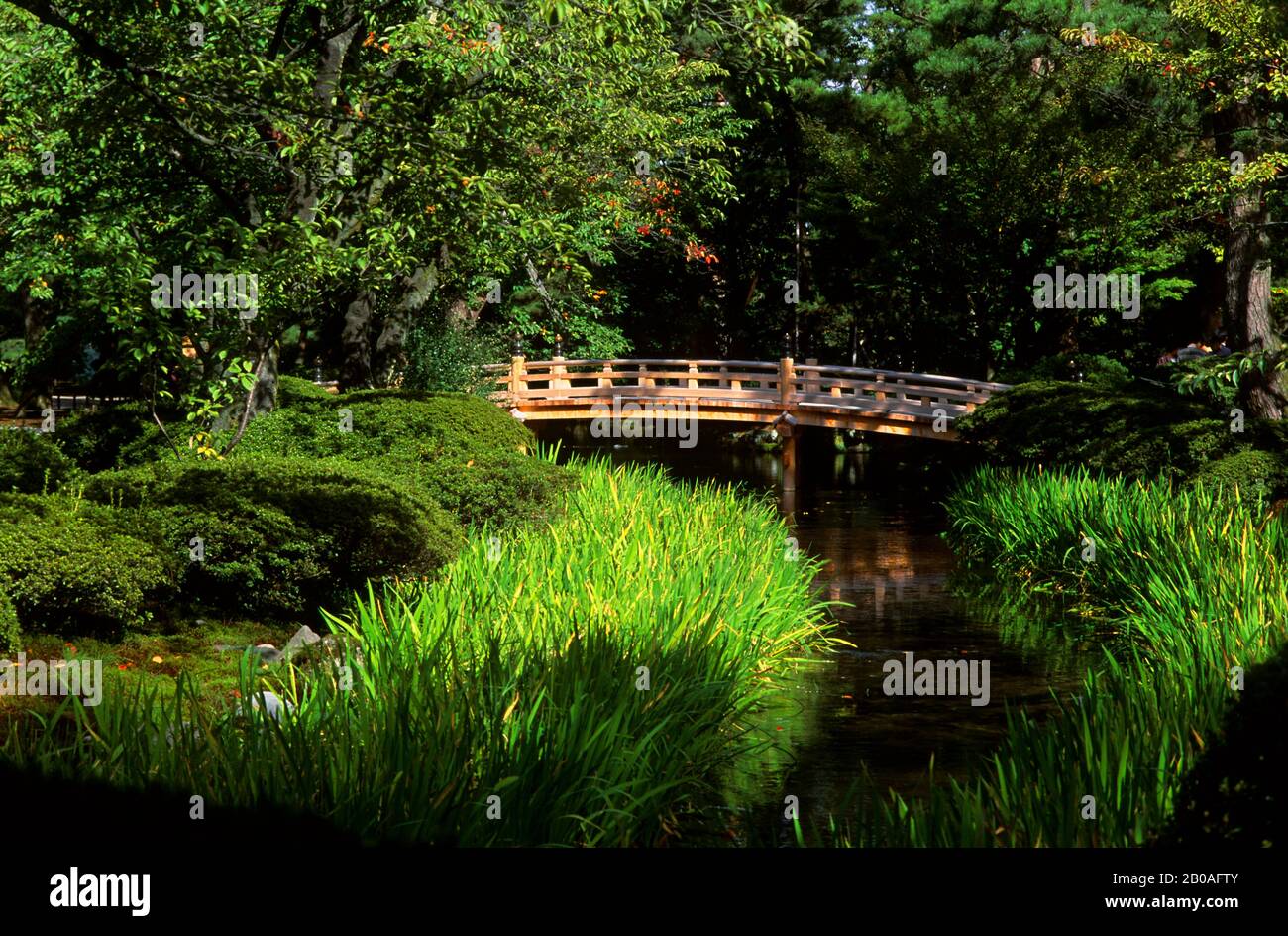 JAPAN, HONSHU ISLAND, KANAZAWA, KENROKU-EN GARDEN, BRIDGE Stock Photo
