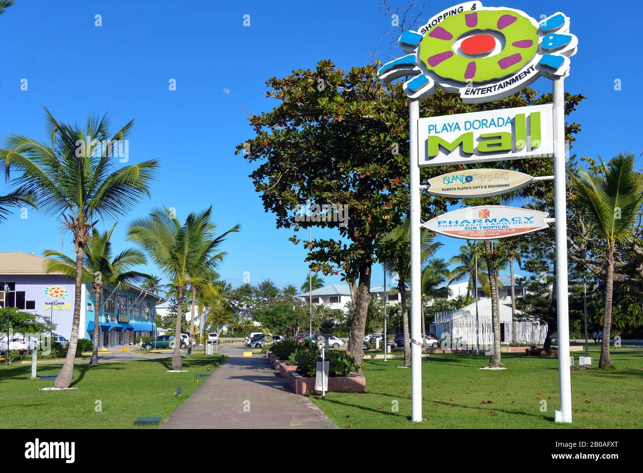 Puerto Plata, Dominican Republic - February 5, 2020:  The mall in the resort area of Playa Dorada that relies heavily on tourism. Stock Photo