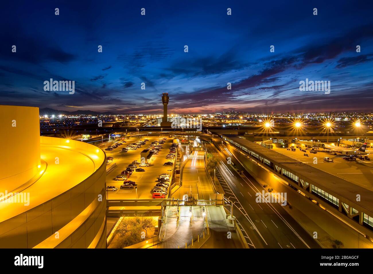Phoenix Sky Harbor International Airport at Sunset from Terminal 4. April 2015. Stock Photo