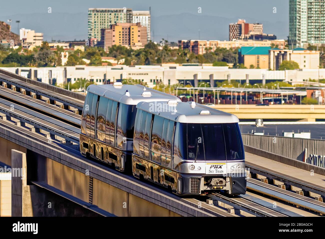 The Phoenix Sky Train® is an automated train that transports travelers from the Valley Metro Rail at 44th and Washington streets. Stock Photo