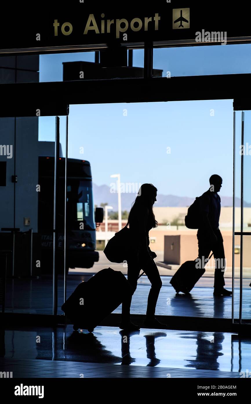 Rental Car Shuttle at the Rental Car Transportation Center at Sky Harbor Int. Airport in Phoenix, Az. Passengers at the Transportation Center. Sky Har Stock Photo