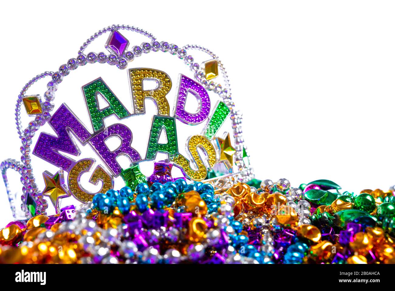 Mardi Gras crown with beads on white background Stock Photo - Alamy