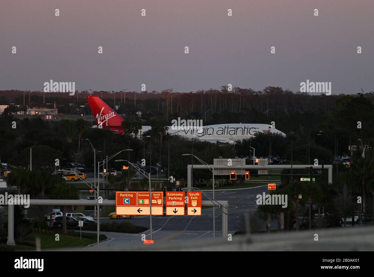 A Virgin Atlantic Boeing 747 taxis for take off at Orlando International Airport. Stock Photo